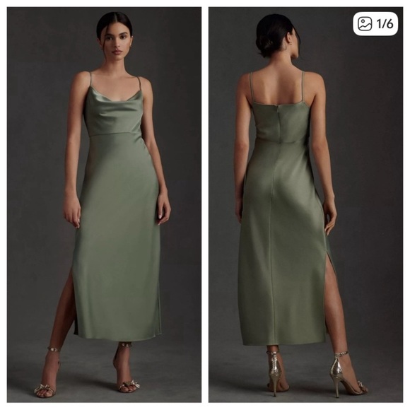 NWT BHLDN Cali Satin Cowl-Neck Midi Slip Dress Moss Green Anthropologie  size 12